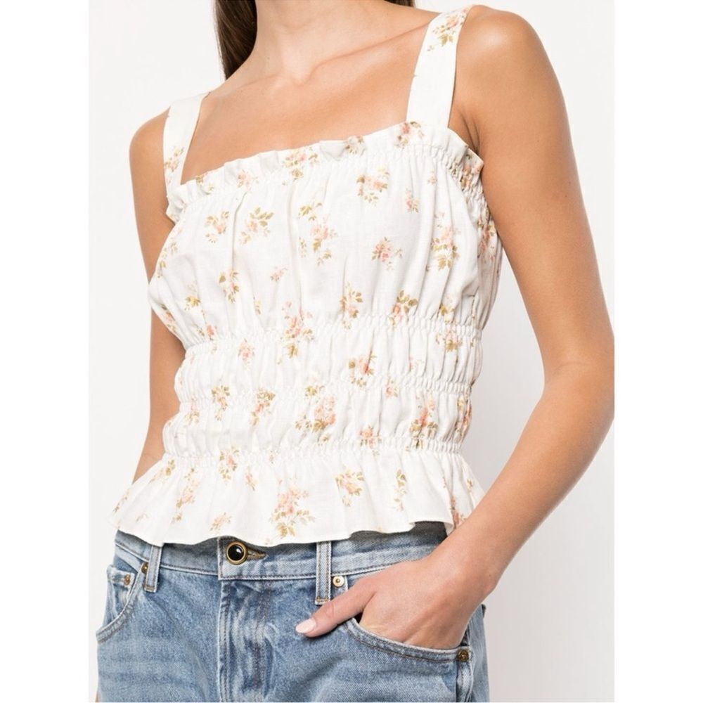 Reformation White Floral Smocked Peplum Tank